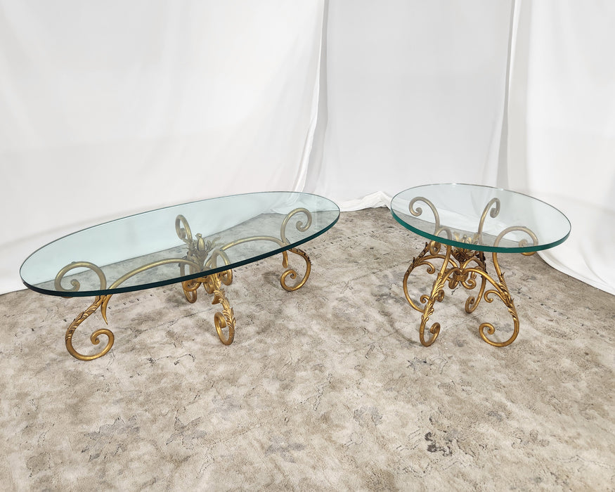 Hollywood Regency Glass and Brass Coffee and End Table Set GENTLY USED