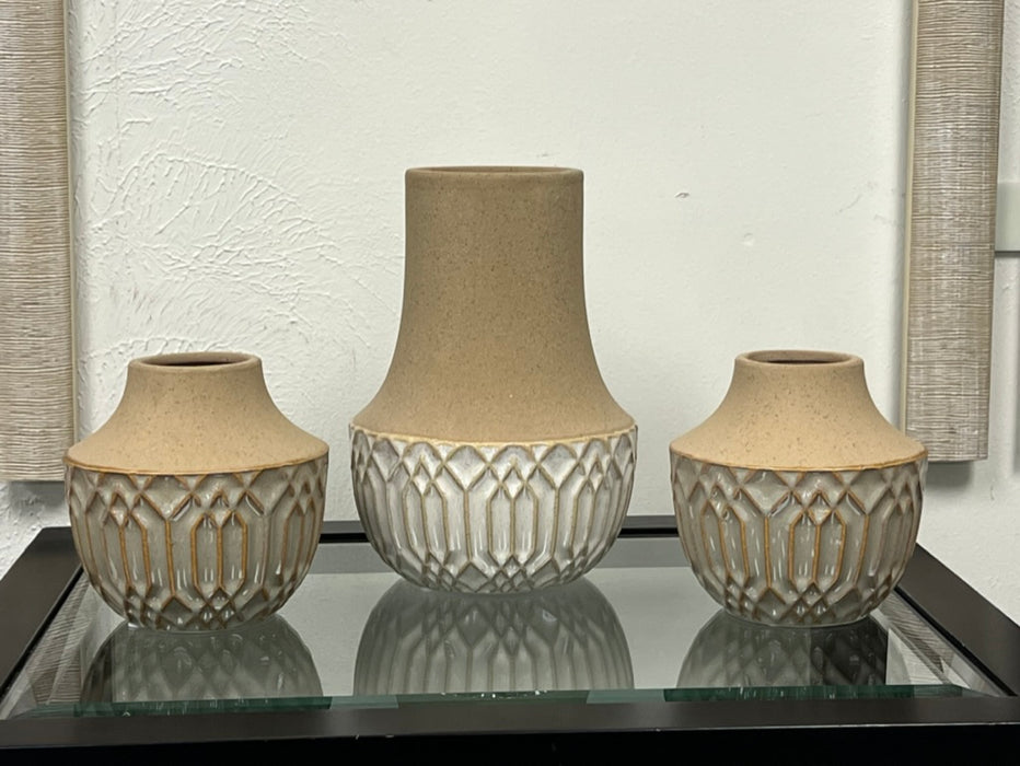 Set of Three Tan Ceramic Vases